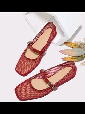 Red Mesh Mary Jane Flats with Buckle Strap